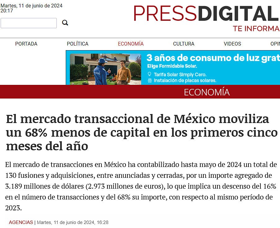 El mercado transaccional de Mxico moviliza un 68% menos de capital en los primeros cinco meses del ao